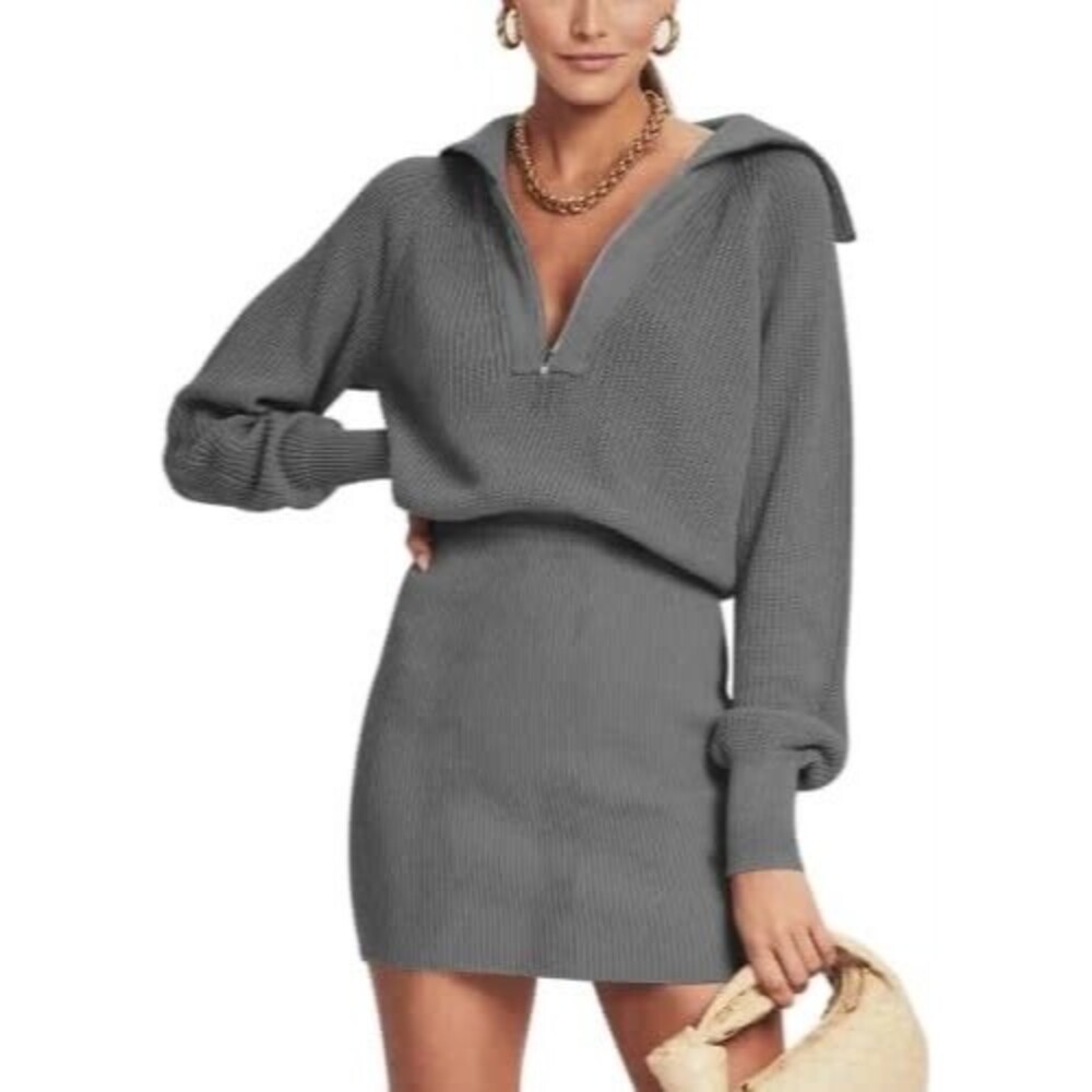 DEEP SELF Women’s Long Sleeve Pullover Half Zip V Neck Knitted Mini Dress Large